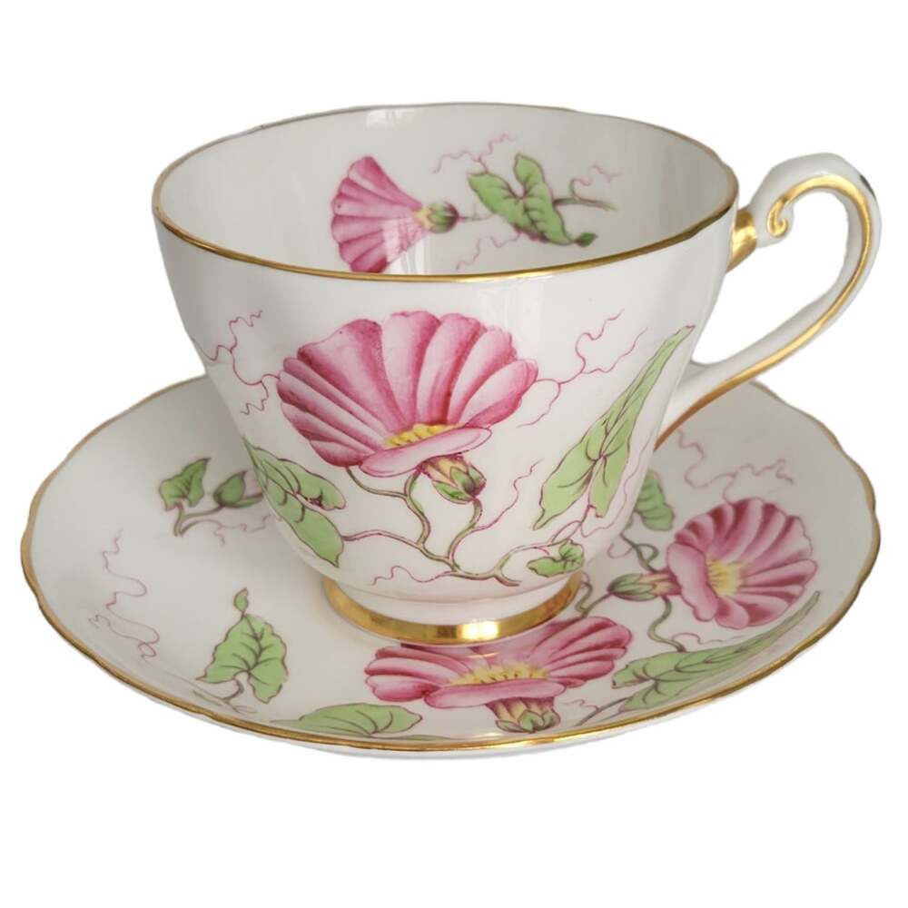 Tuscan Pink Morning Glory Fine English Bone China Cottagecore Tea Cup Saucer
